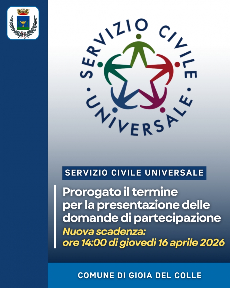 Bando volontari Servizio Civile Universale: prorogato il termine di presentazione delle domande alle ore 14:00 di gioved� 16 aprile 2026