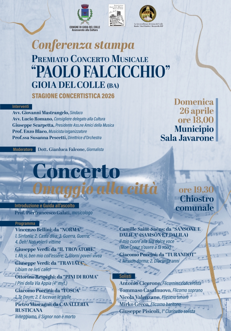 Stagione artistica 2026 del Premiato Concerto Musicale �Paolo Falcicchio� - Gioia del Colle: domenica 26 aprile conferenza stampa di presentazione e concerto a Palazzo San Domenico