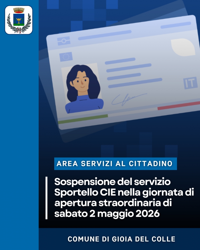 Sospensione del servizio Sportello CIE nella giornata di apertura straordinaria di sabato 2 maggio 2026