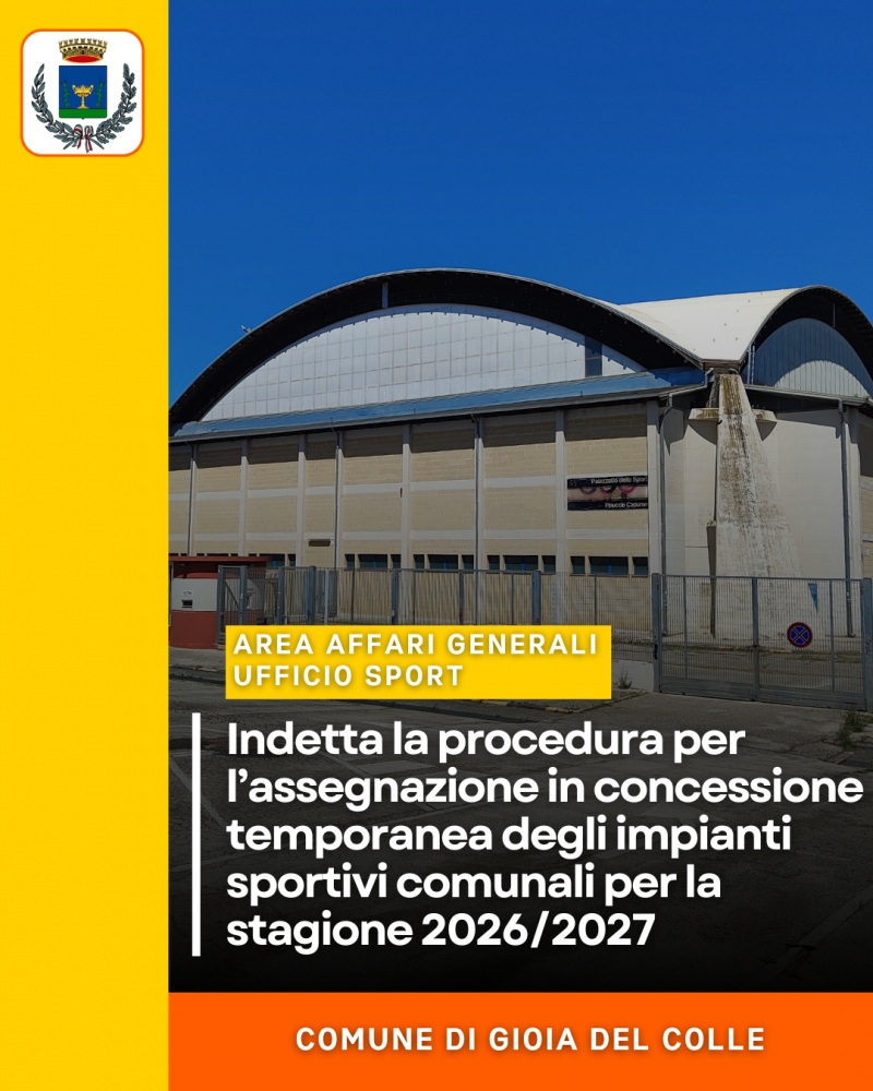 Indetta la procedura per l�assegnazione in concessione temporanea degli impianti sportivi comunali per la stagione 2026/2027