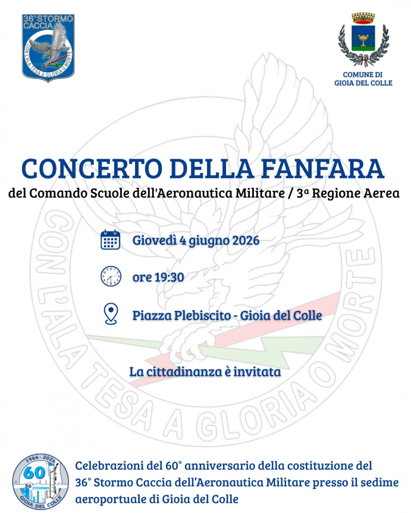 Gioved� 4 giugno il concerto della Fanfara del Comando Scuole dell\'Aeronautica Militare / 3� Regione Aerea in piazza Plebiscito