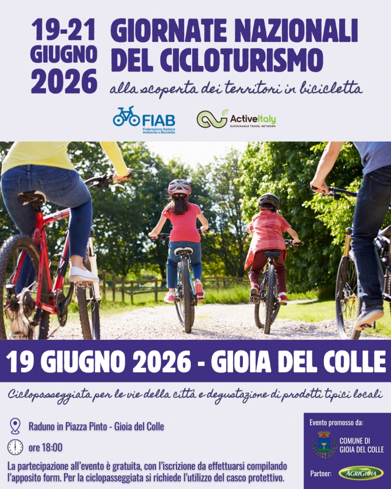 Il Comune di Gioia del Colle aderisce alle Giornate nazionali del Cicloturismo 2026